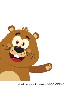 Cute Marmot Cartoon Mascot Character Waving From Corner. Vector Illustration Flat Design Isolated On White Background