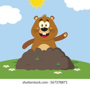 Cute Marmot Cartoon Mascot Character Waving In Groundhog Day. Vector Illustration Flat Design With Background