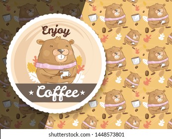 Cute marmot character with coffee