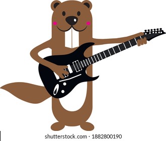  süßes Murmeltier mit einer elektrischen Gitarre. Groundhog-Tag. Vektorgrafik.