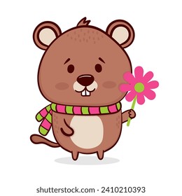 Cute marmot with a flower. Vector illustration in cartoon style.