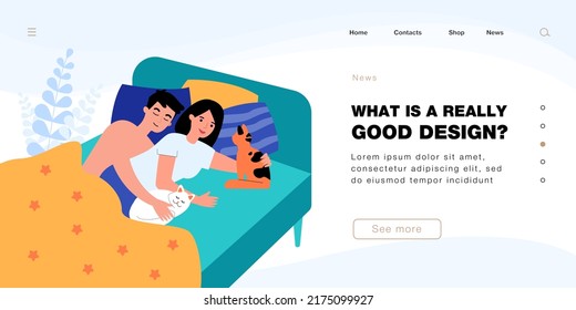 Cute married cartoon couple lying in bed with cats. Husband hugging wife, woman stroking kitten flat vector illustration. Love, romance, pets concept for banner, website design or landing web page