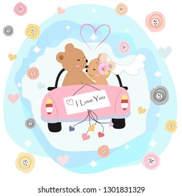 cute married couple  teddy bear cartoon romantic on wedding car,with colorful rose and heart on light blue background,illustration vector comic art for wedding card.