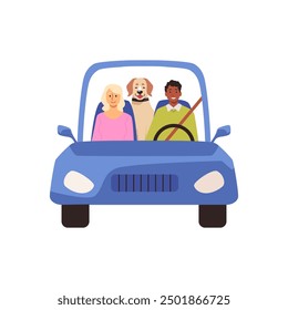 A cute married couple and their dog are driving in a blue car on a great road adventure. Labrador sits in the back seat. Traveling by car with a pet. Vector illustration isolated on white background.