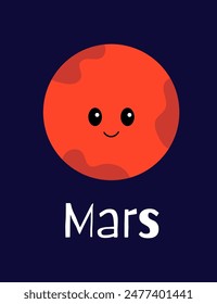 cute Mars planet kids vector illustration, solar system educational card for teaching, home shool, primary school and kindergarten. Printable space themed card on dark background