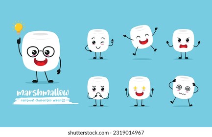 süßer Marshmallow-Cartoon mit vielen Ausdrücken. verschiedene Aktivitäten stellen Vektorgrafik flach Design-Set.