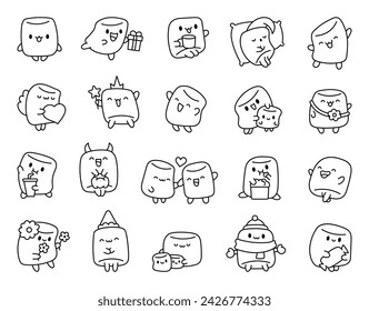 Cute marshmallow character. Coloring Page. Cartoon sweet smiling dessert. Hand drawn style. Vector drawing. Collection of design elements.
