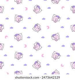 Cute marshmallow character. Seamless pattern. Cartoon sweet smiling dessert. Hand drawn style. Vector drawing. Design ornaments.