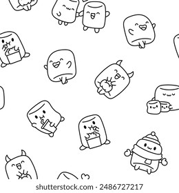 Cute marshmallow character. Seamless pattern. Coloring Page. Cartoon sweet smiling dessert. Hand drawn style. Vector drawing. Design ornaments.