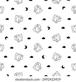 Cute marshmallow character. Seamless pattern. Coloring Page. Cartoon sweet smiling dessert. Hand drawn style. Vector drawing. Design ornaments.