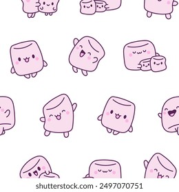 Cute marshmallow character. Seamless pattern. Cartoon sweet smiling dessert. Hand drawn style. Vector drawing. Design ornaments.