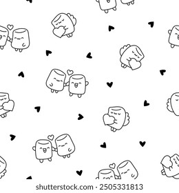 Cute marshmallow character. Seamless pattern. Coloring Page. Cartoon sweet smiling dessert. Hand drawn style. Vector drawing. Design ornaments.