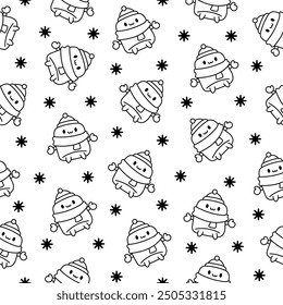 Cute marshmallow character. Seamless pattern. Coloring Page. Cartoon sweet smiling dessert. Hand drawn style. Vector drawing. Design ornaments.