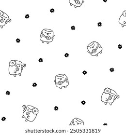 Cute marshmallow character. Seamless pattern. Coloring Page. Cartoon sweet smiling dessert. Hand drawn style. Vector drawing. Design ornaments.