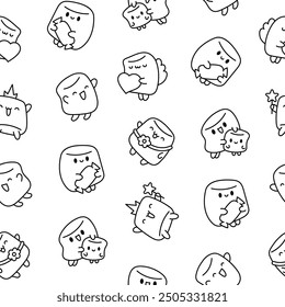 Cute marshmallow character. Seamless pattern. Coloring Page. Cartoon sweet smiling dessert. Hand drawn style. Vector drawing. Design ornaments.