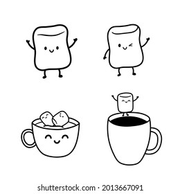 Cute Marshmallow characters with different facial expressions. Marshmallows float in a cup of cocoa, coffee or hot chocolate. Kawaii sweets with legs and hands vector illustration in line style.