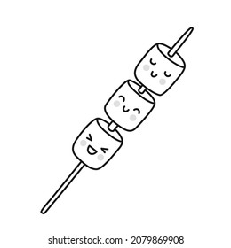 Cute marshmallow characters on a stick. Winter street food. Funny outline illustration. Vector isolated emblem for logo, coloring book, tattoo, print.