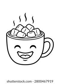 Cute Marshmallow Cocoa Mug Coloring Page – Printable Black and White Outline Educational Worksheet for Kids