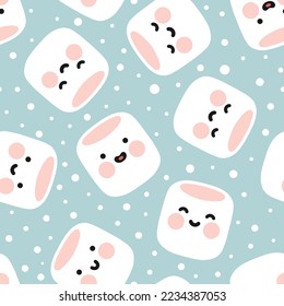 cute marshmallow pastel blue with kawaii faces different expression and polka dot texture, kids fabric and textile design, baby room scandinavian seamless pattern