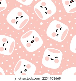 cute marshmallow pastel pink with kawaii faces different expression and polka dot texture, kids fabric and textile design, baby room scandinavian seamless pattern