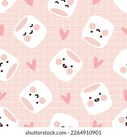 cute marshmallow pastel pink with kawaii faces different expression and grid texture with hearts, fabric and textile design