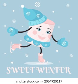 Patinaje malvavisco en ropa de invierno - Navidad, invierno, personaje de caricatura de Año Nuevo. Tarjeta de saludo, invitación, afiche. Dulce invierno. Un hombrecito alegre. Ilustración del vector