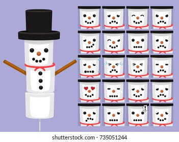 Cute Marshmallow Snowman Cartoon Emotion Faces Vector Illustration