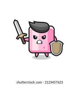 cute marshmallow soldier fighting with sword and shield , cute style design for t shirt, sticker, logo element