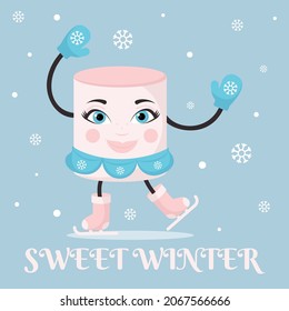 Cute Marshmallow standing on ice skates in winter clothes - Christmas, winter, New Year cartoon character. Greeting card, invitation, poster. Sweet winter. Cheerful little man. Vector illustration