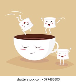 Cute marshmallows jumping in kawaii cacao cup. Coffee vector illustration