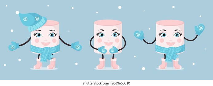 Cute Marshmallows auf Winterhintergrund. Funny Cartoon abstrakte Figuren in Winterkleidung, Fingerhandschuhe, Schnee, Mütze, Schal. Verpackung, Postkarten zu Weihnachten, Neujahr. Vektorgrafik