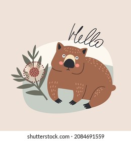 cute marsupial animal australian bombat, vector illustration in cartoon style for posters and cards