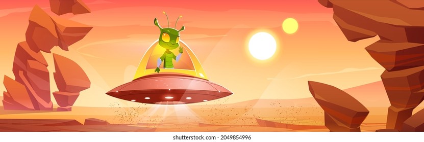 Cute martian in ufo on Mars red alien planet landscape. Extraterrestrial comer with green skin and huge eyes sit in saucer show victory gesture. Fantastic space cartoon character Vector illustration