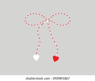 Cute martisor with hearts, isolated, red and white, hello spring, 1 March, 8 March, spring symbol, march banner, season decoration, traditional, nice design, love, gift, vector illustration