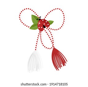 Martisor cutáneo con ladybug, aislado, rojo y blanco,1 Marzo, símbolo de primavera,vacaciones de temporada tradicional, ilustración vectorial