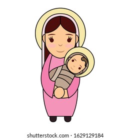 cute mary virgin with jesus baby manger characters vector illustration design