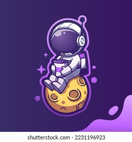 Astronauta de la mascota linda tomando café mientras se sienta en la luna. Ilustración del icono del vector de dibujos animados. Caricatura de la mascota Spaceman. Estilo de caricatura plana, pegatina y tarjeta