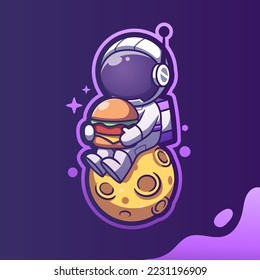 Cute Mascot Astronaut Eating Burgers While Seated On The Moon. Cartoon Vector Icon Illustration. Spaceman Mascot Cartoon Character. Flat Cartoon Style, sticker, and Card