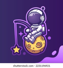 Cute Mascot Astronaut Fishing On Moon Vector Icon Illustration. Spaceman Mascot Cartoon Character. Flat Cartoon Style, sticker, and Card