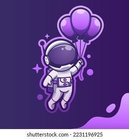 Cute Mascot Astronaut Floating with Balloon Cartoon Vector Icon Illustration. Cartoon Vector Icon Illustration. Spaceman Mascot Cartoon Character. Flat Cartoon Style, sticker, and Card