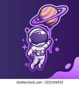 Astronauta De Mascota Cuta Flotando Con Planetas Ilustración De Icono Vector De Caricatura. Ilustración del icono del vector de dibujos animados. Caricatura de la mascota Spaceman. Estilo de caricatura plana, pegatina y tarjeta