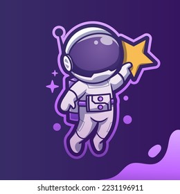 Cute Mascot Astronaut Holding Star Cartoon Vector Icon Illustration. Cartoon Vector Icon Illustration. Spaceman Mascot Cartoon Character. Flat Cartoon Style, sticker, and Card