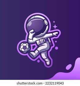 Cute Mascot Astronaut Playing Football Soccer Cartoon Vector Icon Illustration. Cartoon Vector Icon Illustration. Spaceman Mascot Cartoon Character. Flat Cartoon Style, sticker, and Card