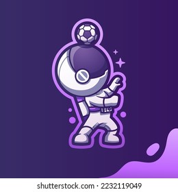 Cute Mascot Astronaut Playing Football Soccer Cartoon Vector Icon Illustration. Cartoon Vector Icon Illustration. Spaceman Mascot Cartoon Character. Flat Cartoon Style, sticker, and Card