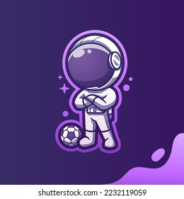 Cute Mascot Astronaut Playing Football Soccer Cartoon Vector Icon Illustration. Cartoon Vector Icon Illustration. Spaceman Mascot Cartoon Character. Flat Cartoon Style, sticker, and Card