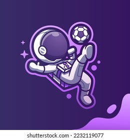 Cute Mascot Astronaut Playing Football Soccer Cartoon Vector Icon Illustration. Cartoon Vector Icon Illustration. Spaceman Mascot Cartoon Character. Flat Cartoon Style, sticker, and Card