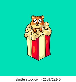 Cute mascot bear cartoon popcorn vector illustration 