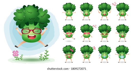 Cute mascot broccoli character set collection