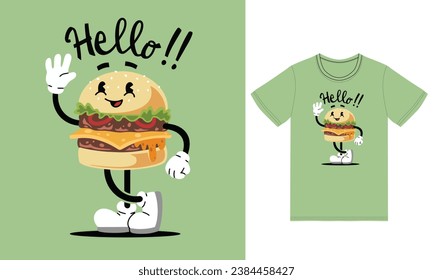 Cute mascot burger illustration with tshirt design premium vector the Concept of Isolated Technology. Flat Cartoon Style Suitable for Landing Web Pages,T shirt, Flyers, Stickers