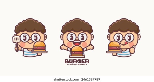 cute mascot with burger, vector cartoon design, suitable for culinary identity.